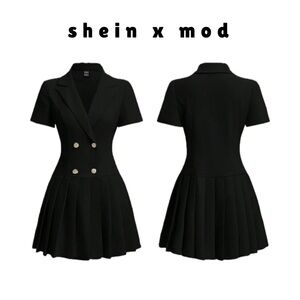🆕 shein x mod x black collar lapel pleated double breasted black mini dress